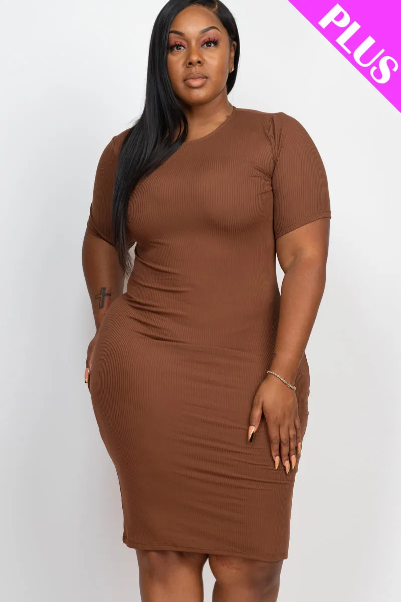 Plus Size Short Sleeved Ribbed Bodycon Midi Dress