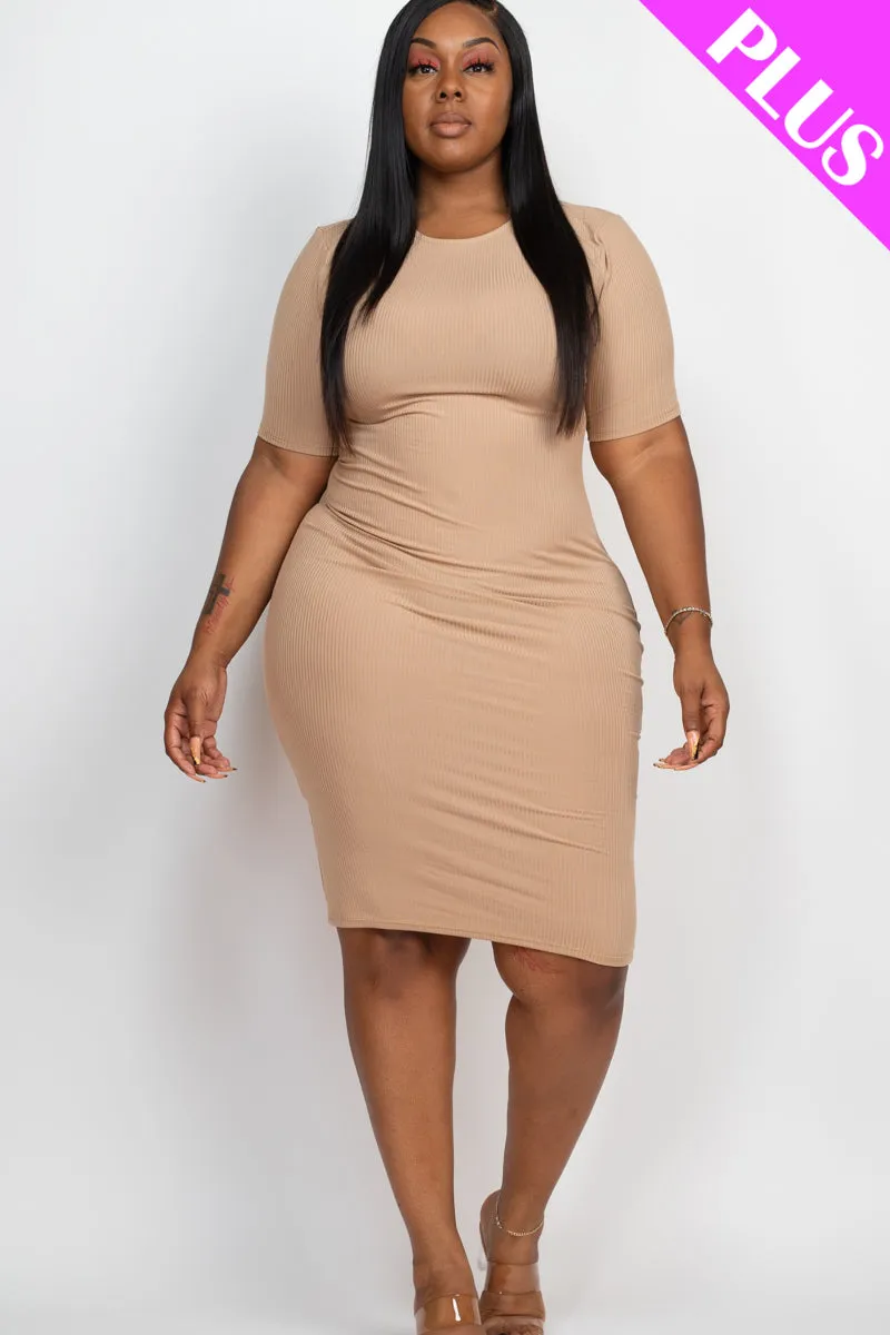 Plus Size Short Sleeved Ribbed Bodycon Midi Dress