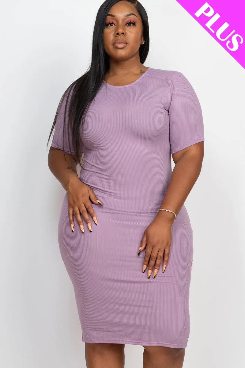 Plus Size Short Sleeved Ribbed Bodycon Midi Dress