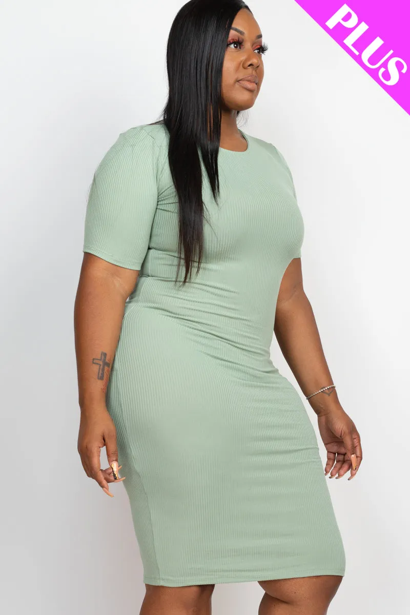 Plus Size Short Sleeved Ribbed Bodycon Midi Dress