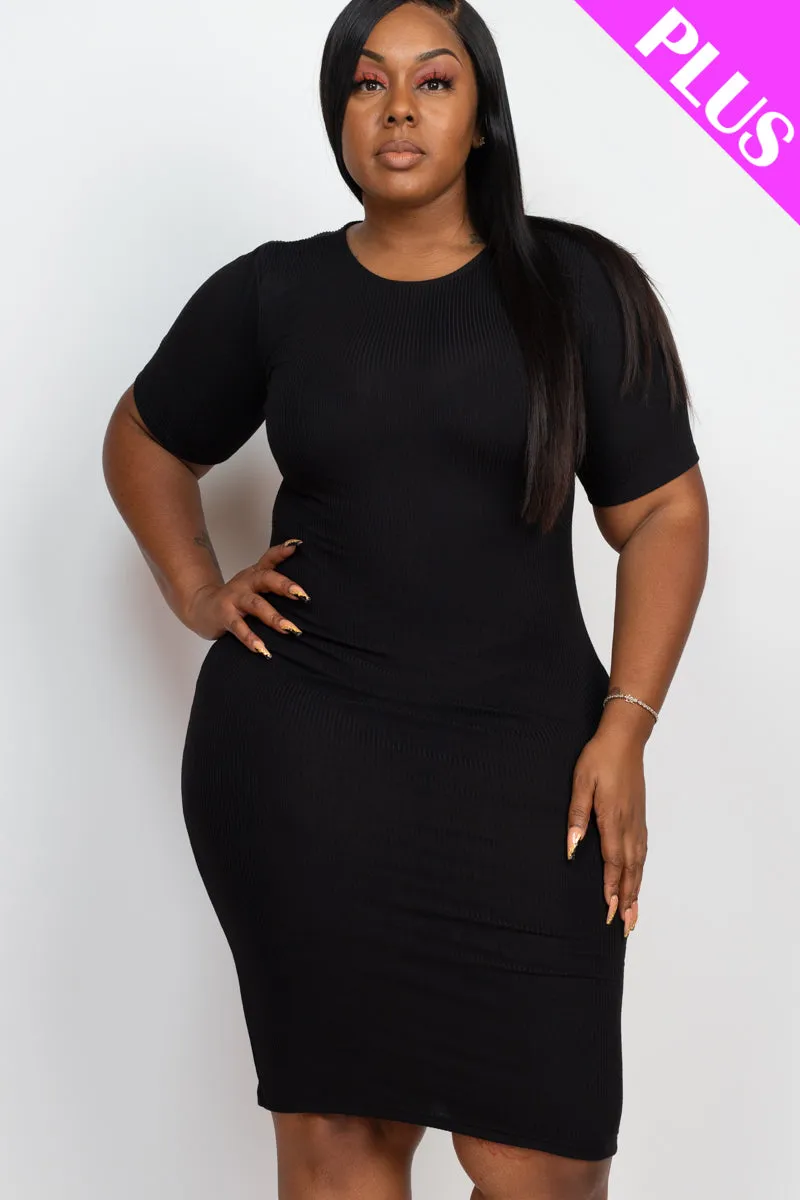 Plus Size Short Sleeved Ribbed Bodycon Midi Dress