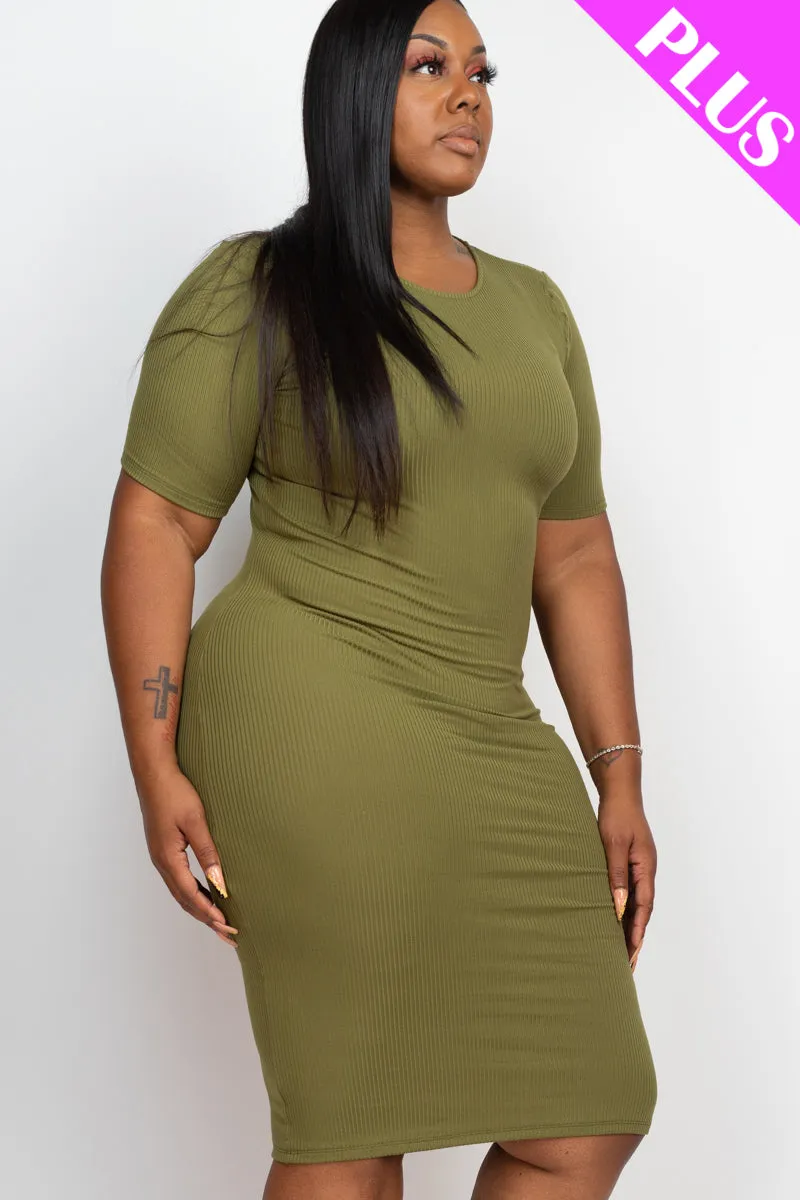Plus Size Short Sleeved Ribbed Bodycon Midi Dress