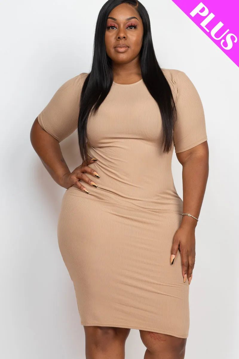 Plus Size Short Sleeved Ribbed Bodycon Midi Dress