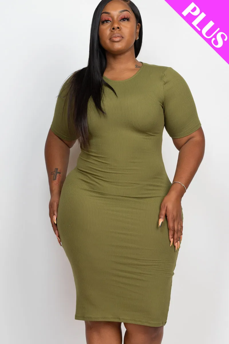 Plus Size Short Sleeved Ribbed Bodycon Midi Dress