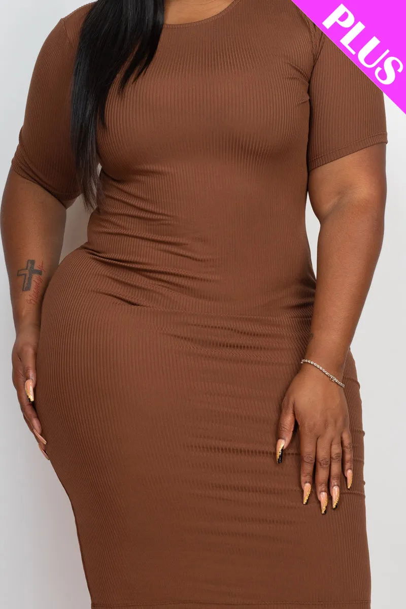 Plus Size Short Sleeved Ribbed Bodycon Midi Dress
