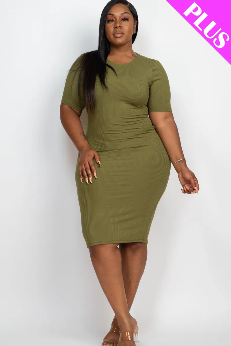 Plus Size Short Sleeved Ribbed Bodycon Midi Dress