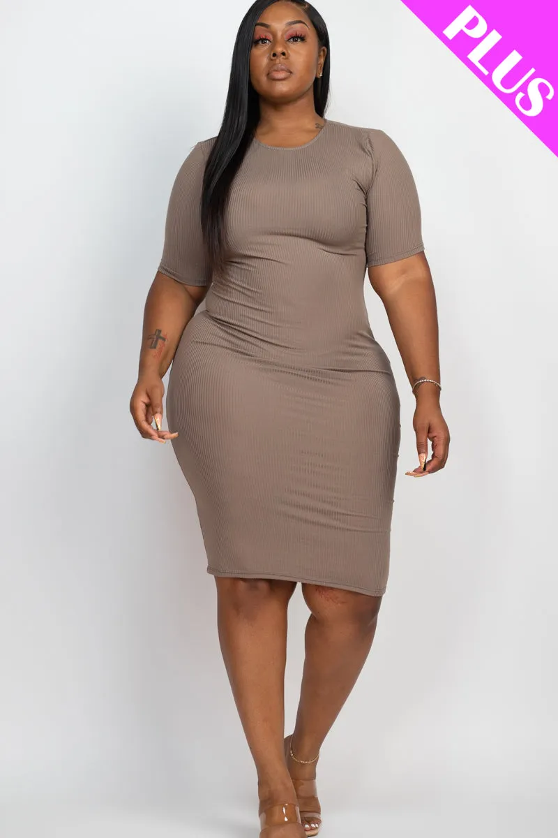 Plus Size Short Sleeved Ribbed Bodycon Midi Dress