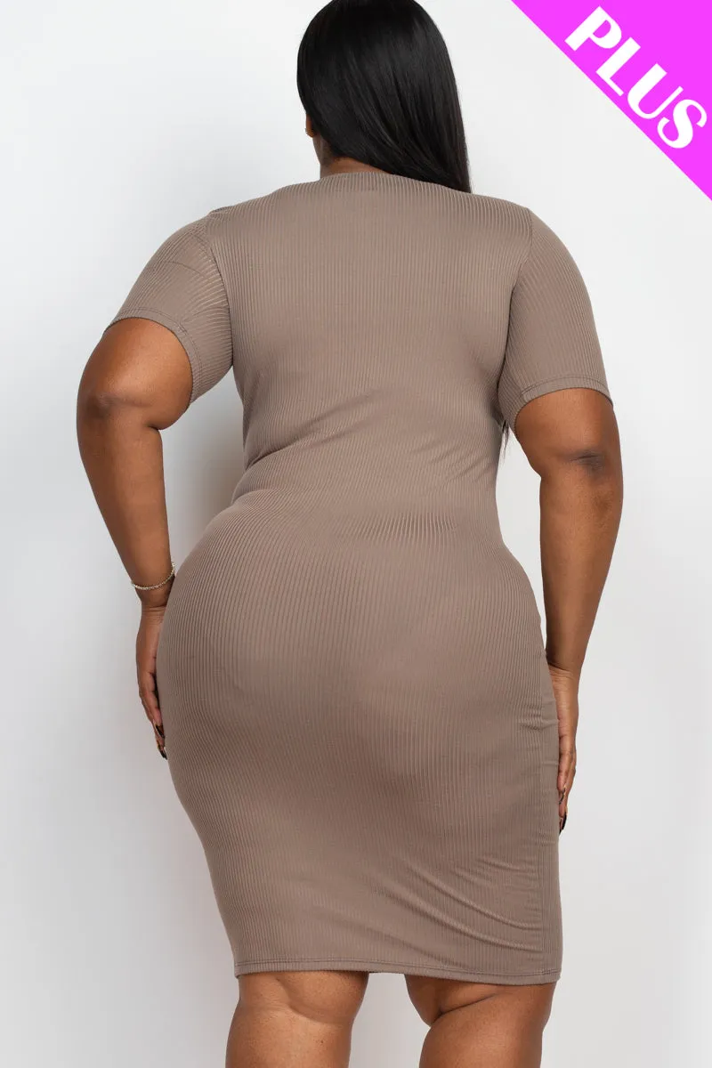 Plus Size Short Sleeved Ribbed Bodycon Midi Dress