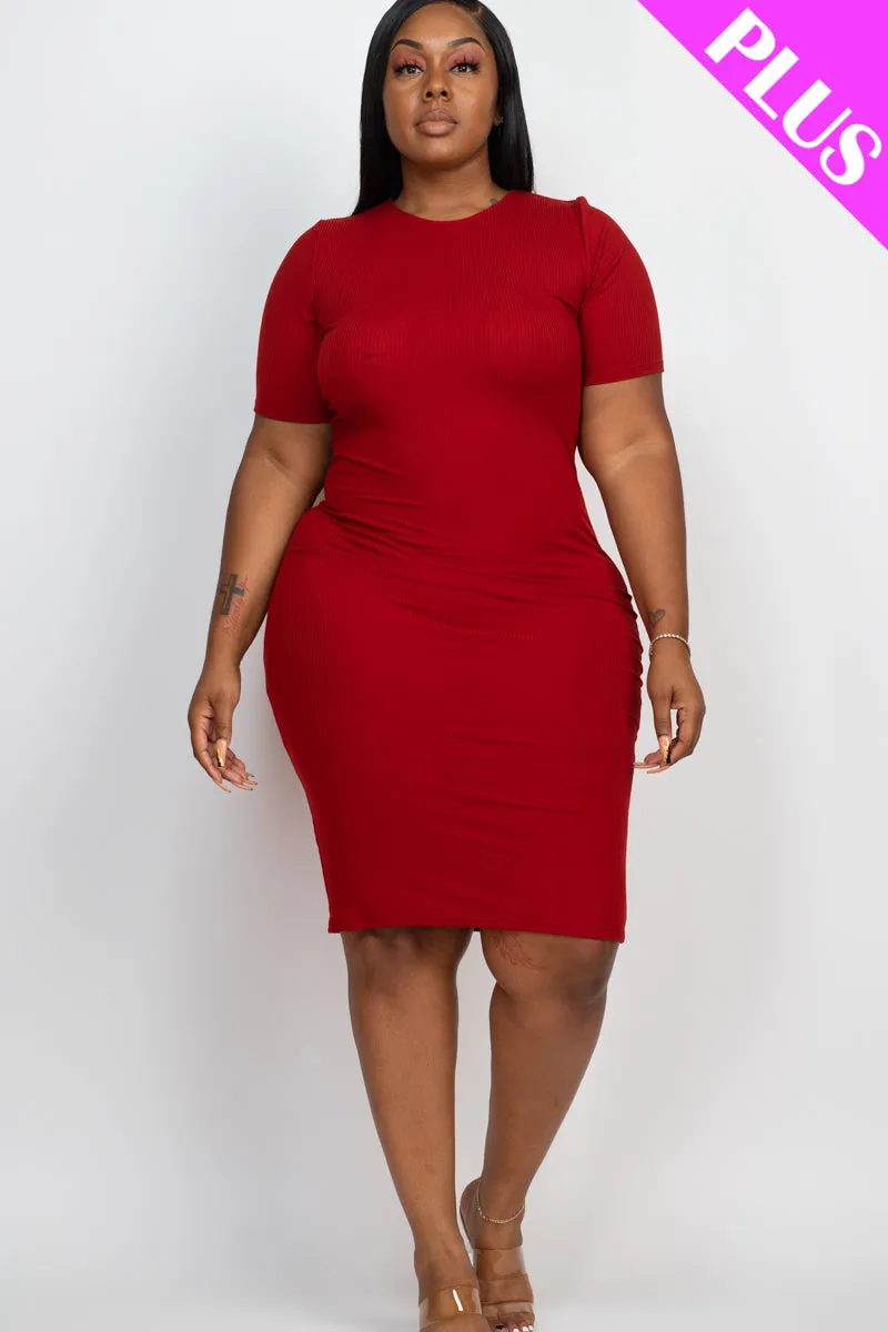 Plus Size Short Sleeved Ribbed Bodycon Midi Dress