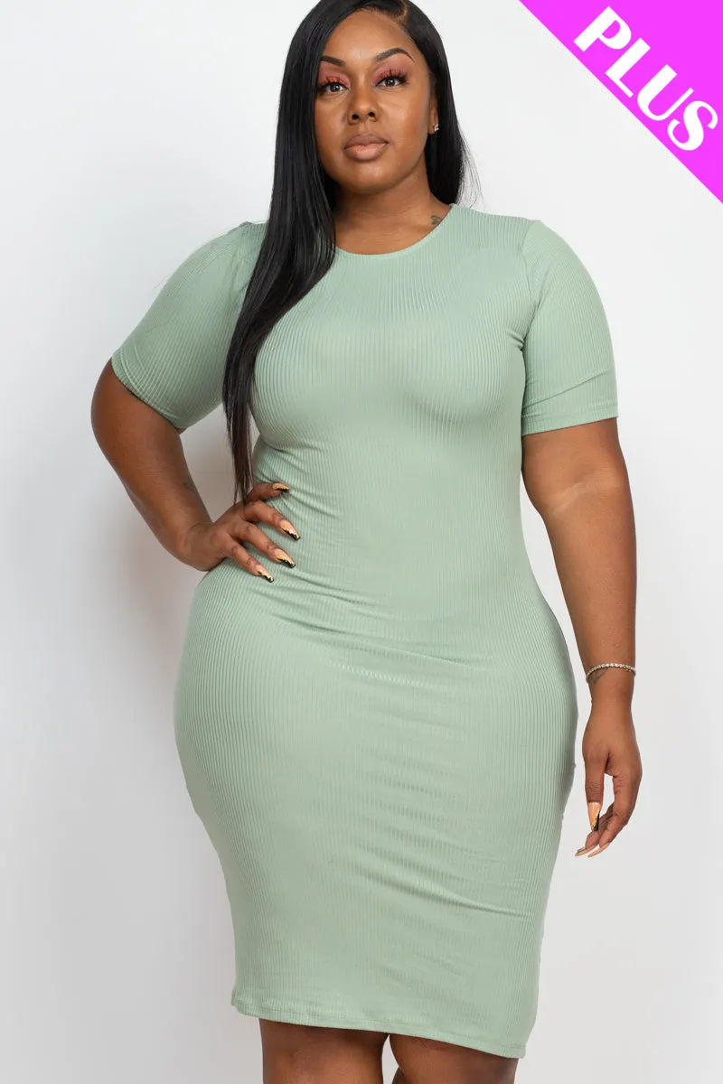 Plus Size Short Sleeved Ribbed Bodycon Midi Dress