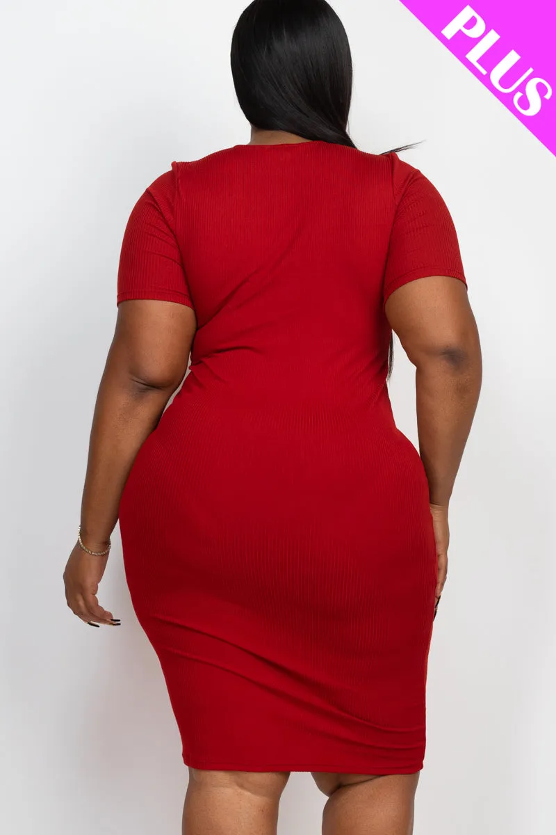 Plus Size Short Sleeved Ribbed Bodycon Midi Dress
