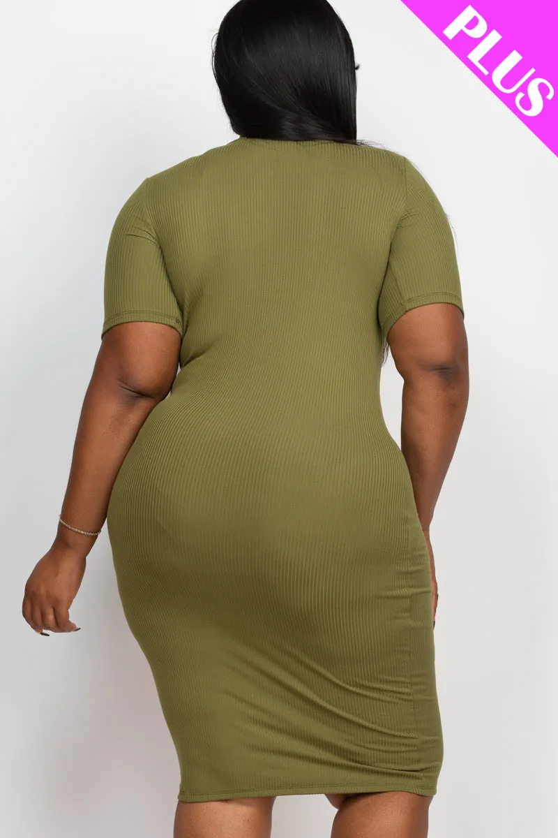Plus Size Short Sleeved Ribbed Bodycon Midi Dress