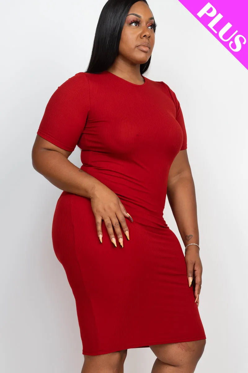 Plus Size Short Sleeved Ribbed Bodycon Midi Dress