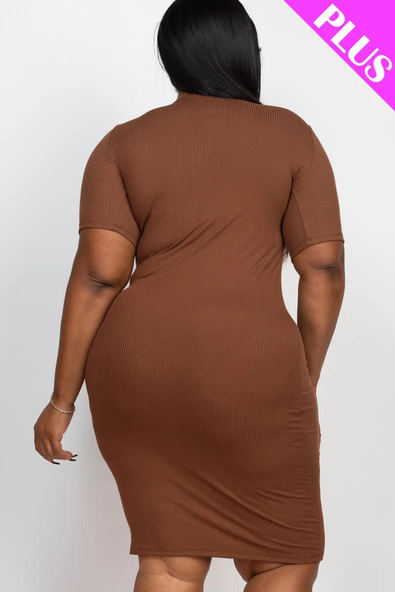 Plus Size Short Sleeved Ribbed Bodycon Midi Dress