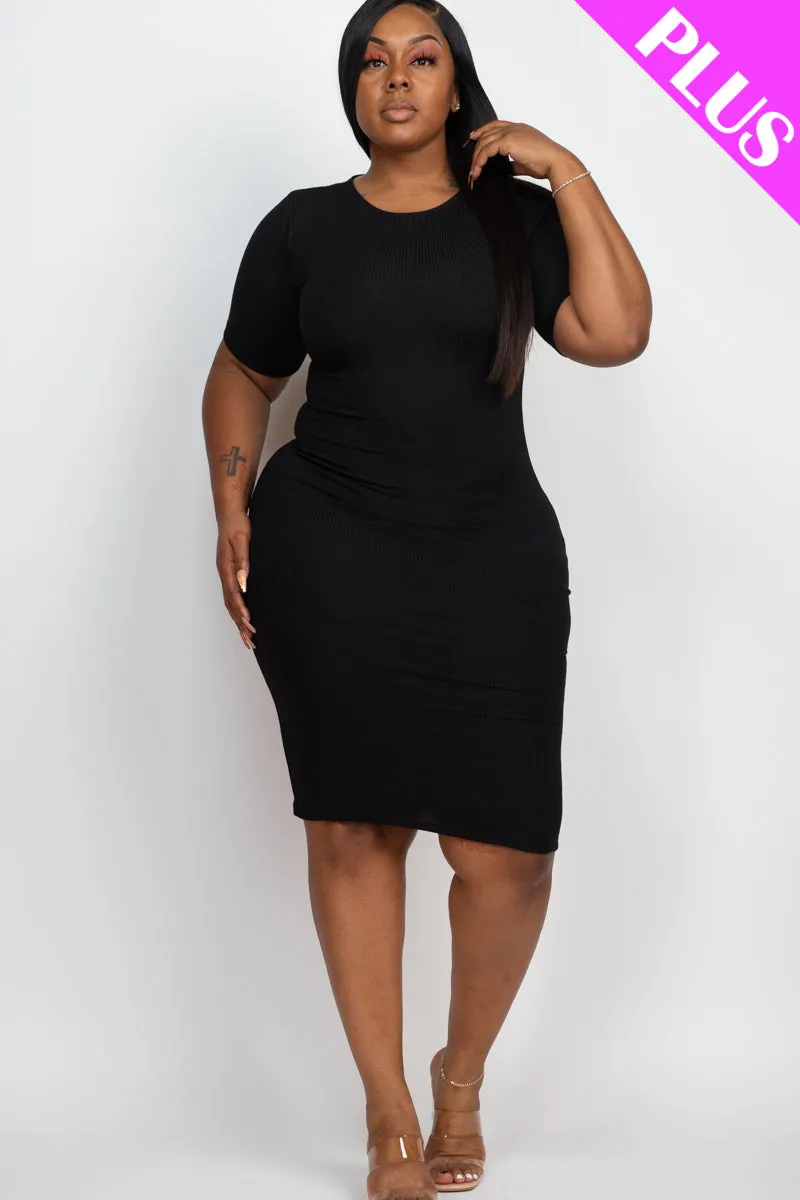 Plus Size Short Sleeved Ribbed Bodycon Midi Dress
