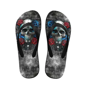 Skull Rose Ornament Gothic Flip Flops for Women Beach