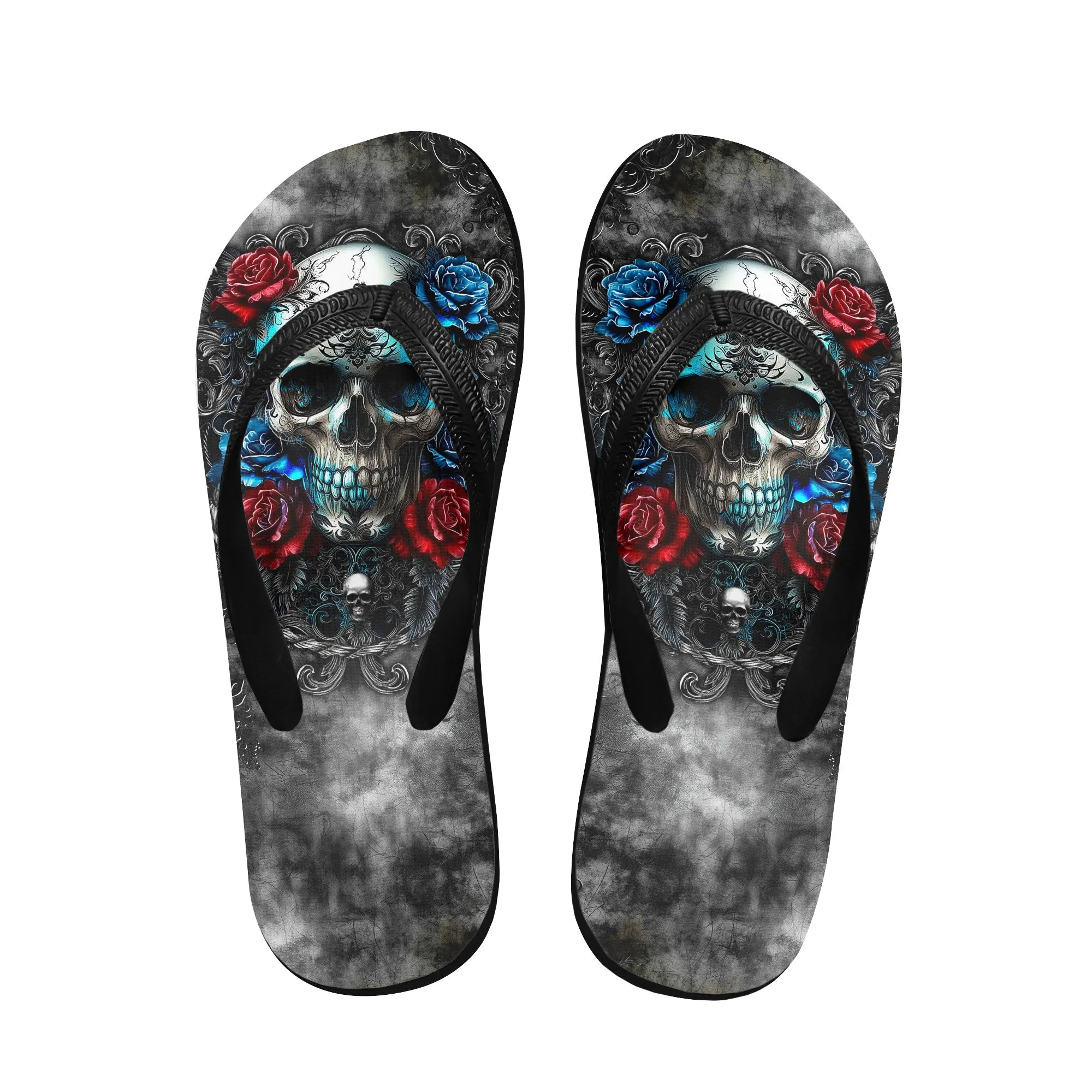 Skull Rose Ornament Gothic Flip Flops for Women Beach