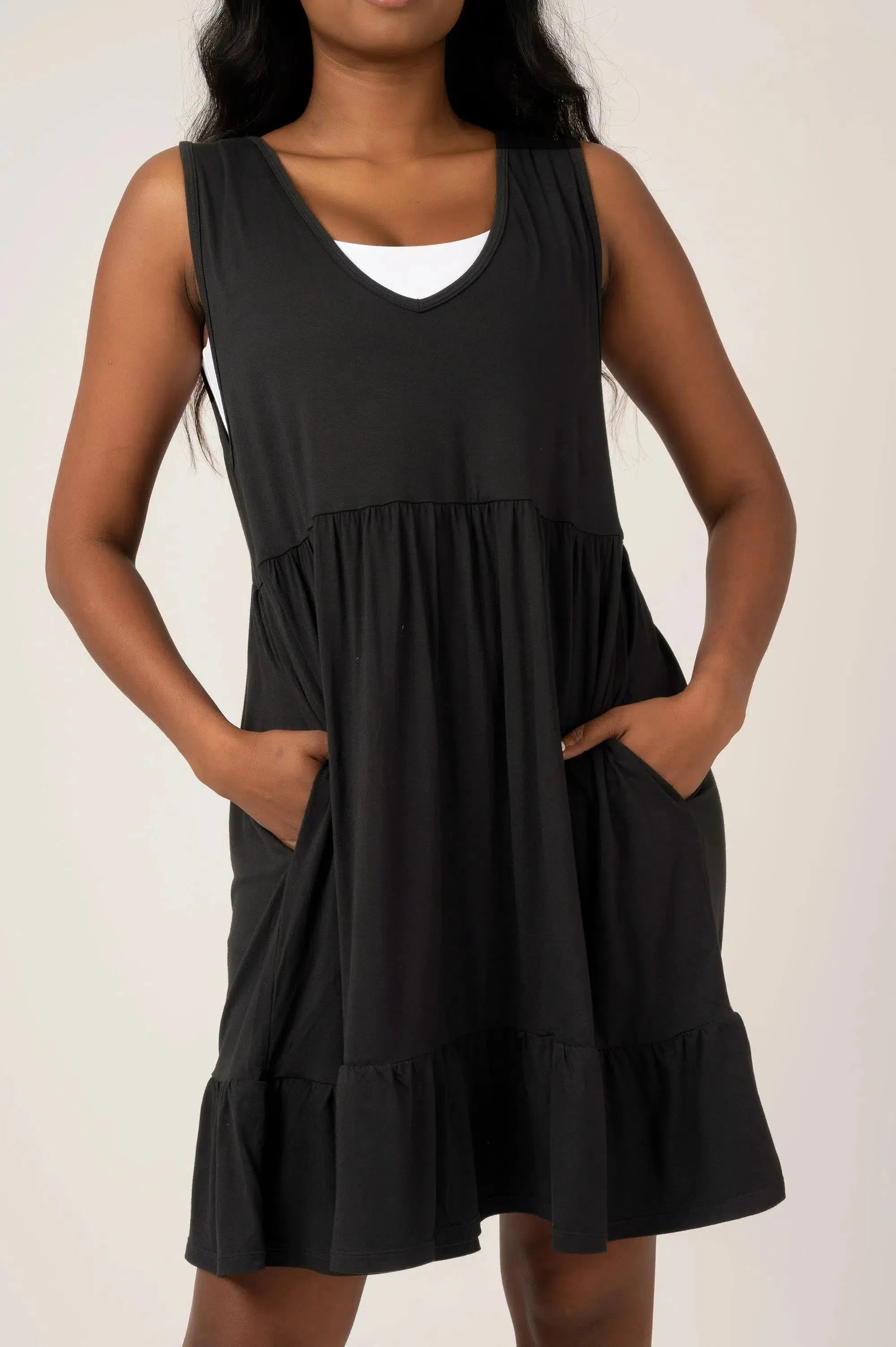 Slinky To Touch Sleeveless Baby Doll Tiered V Neck Mini Dress - Black