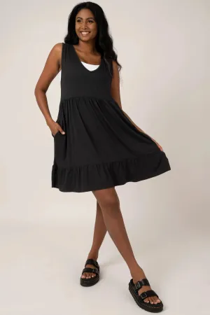 Slinky To Touch Sleeveless Baby Doll Tiered V Neck Mini Dress - Black