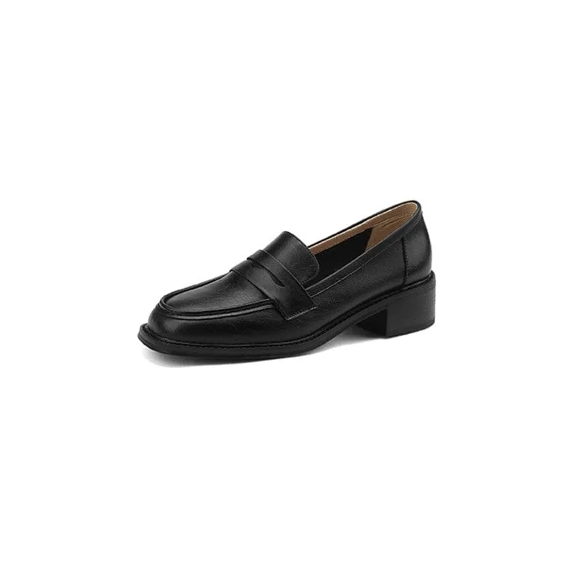 Womens Handmade Cow leather Penny Loafers Retro Block Heel in Green/Black/Beige/Brown