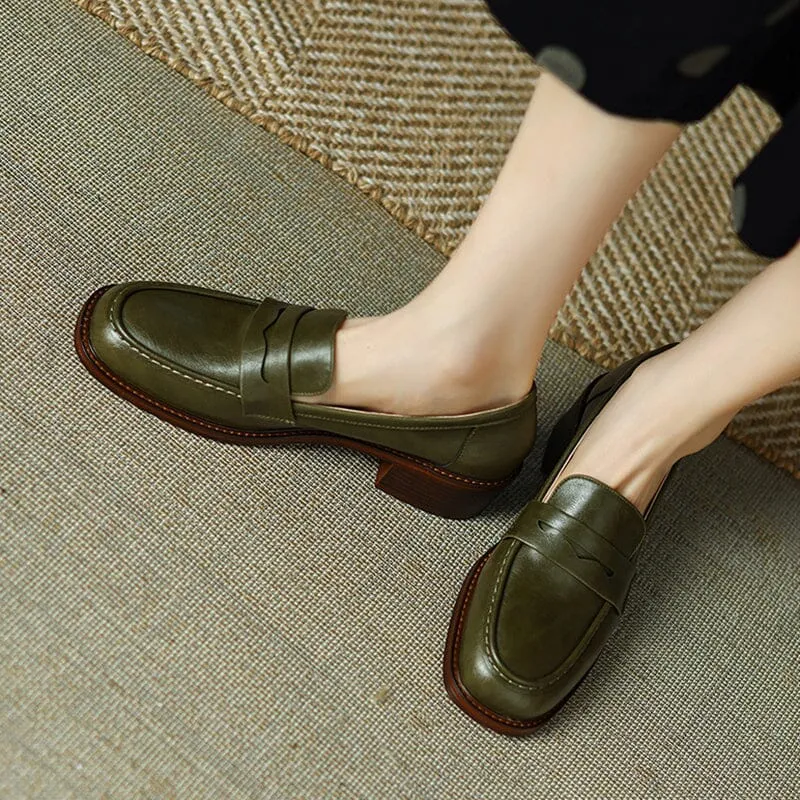 Womens Handmade Cow leather Penny Loafers Retro Block Heel in Green/Black/Beige/Brown