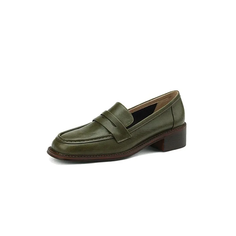 Womens Handmade Cow leather Penny Loafers Retro Block Heel in Green/Black/Beige/Brown
