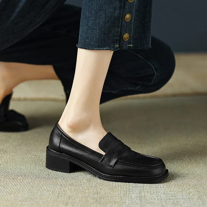 Womens Handmade Cow leather Penny Loafers Retro Block Heel in Green/Black/Beige/Brown