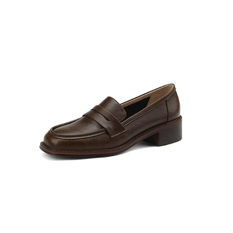Womens Handmade Cow leather Penny Loafers Retro Block Heel in Green/Black/Beige/Brown