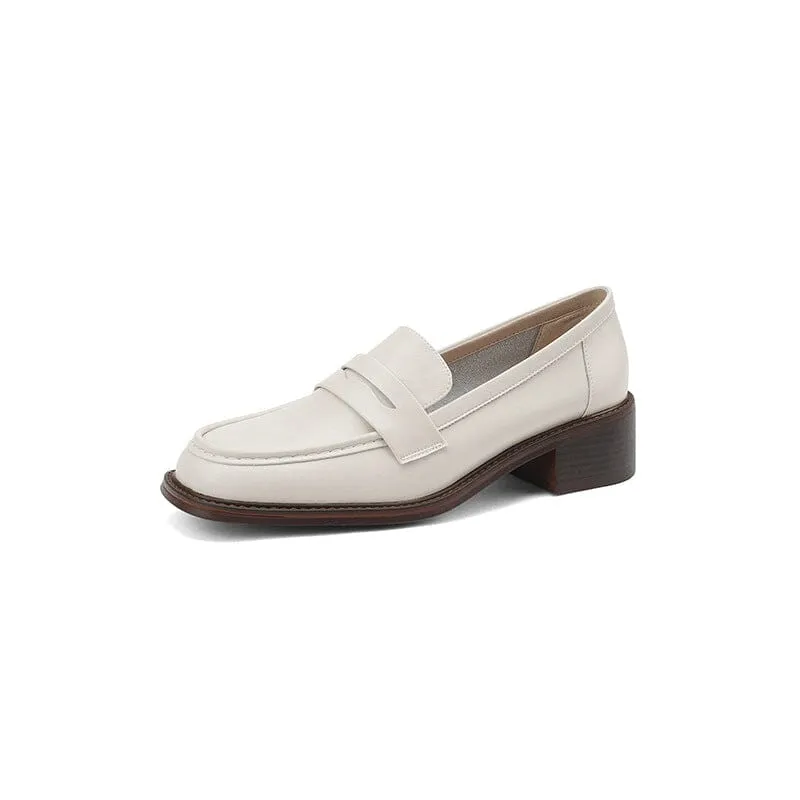 Womens Handmade Cow leather Penny Loafers Retro Block Heel in Green/Black/Beige/Brown