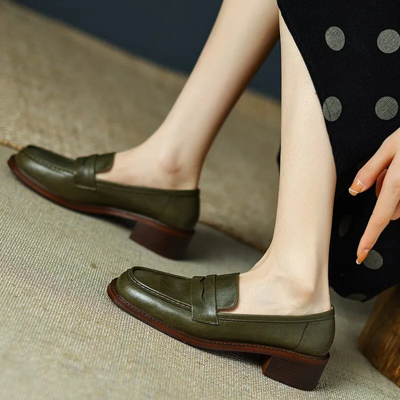 Womens Handmade Cow leather Penny Loafers Retro Block Heel in Green/Black/Beige/Brown