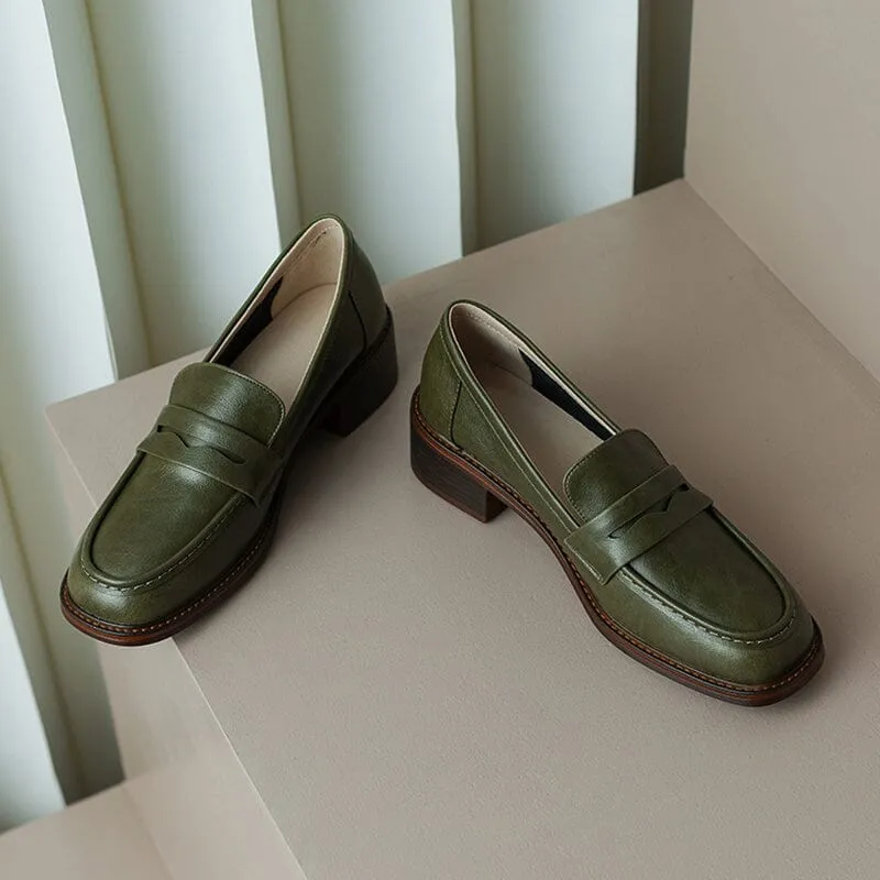 Womens Handmade Cow leather Penny Loafers Retro Block Heel in Green/Black/Beige/Brown