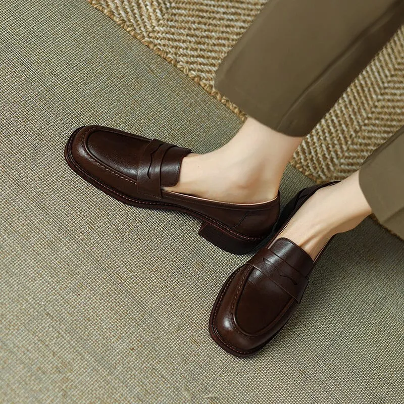 Womens Handmade Cow leather Penny Loafers Retro Block Heel in Green/Black/Beige/Brown