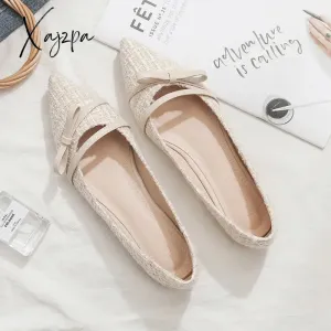 Xajzpa - Women Flats Pointed Toe Beige Lady Flat Heel Shoes Bowknot Slip on Loafers Office Lady Elegant Shoes Soft Sole Comfortable 31-45