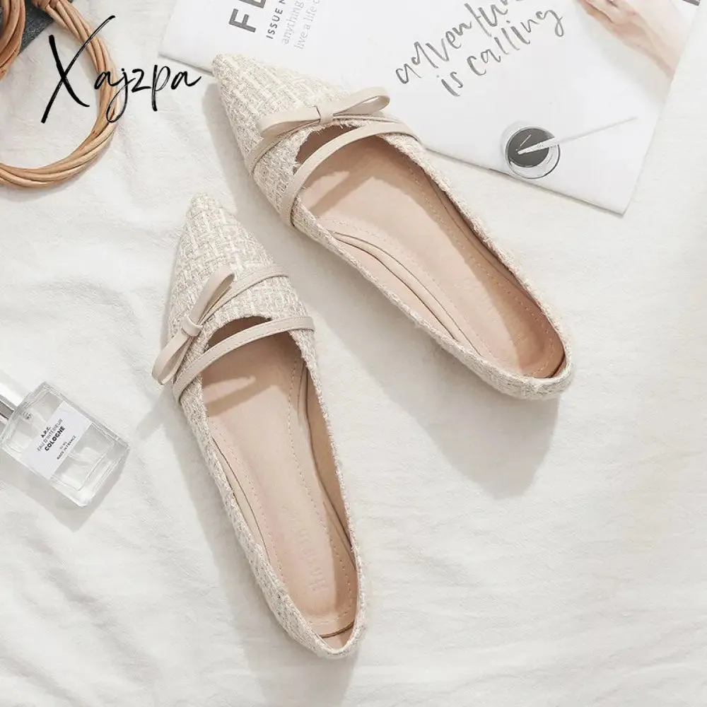 Xajzpa - Women Flats Pointed Toe Beige Lady Flat Heel Shoes Bowknot Slip on Loafers Office Lady Elegant Shoes Soft Sole Comfortable 31-45