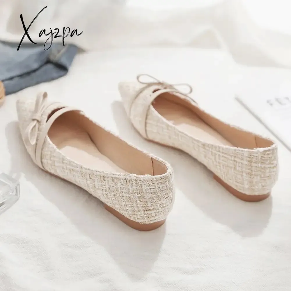 Xajzpa - Women Flats Pointed Toe Beige Lady Flat Heel Shoes Bowknot Slip on Loafers Office Lady Elegant Shoes Soft Sole Comfortable 31-45